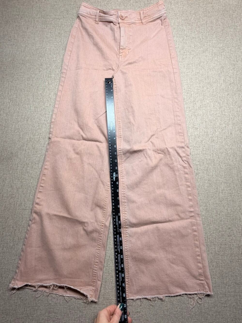 OAT New York Women's 4/27 Pink Wide Leg High Rise Raw Hem Pants Jeans